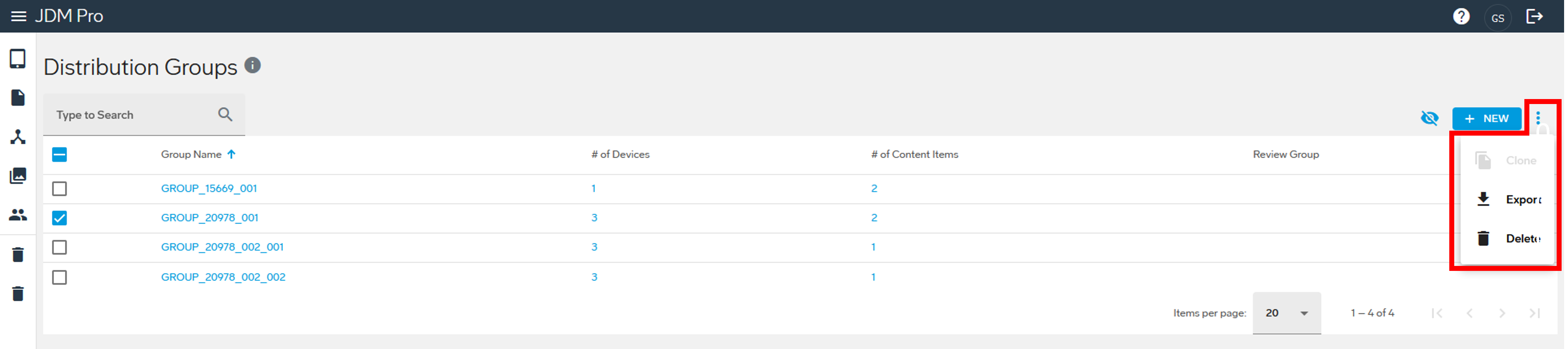 Distribution Groups page with menu