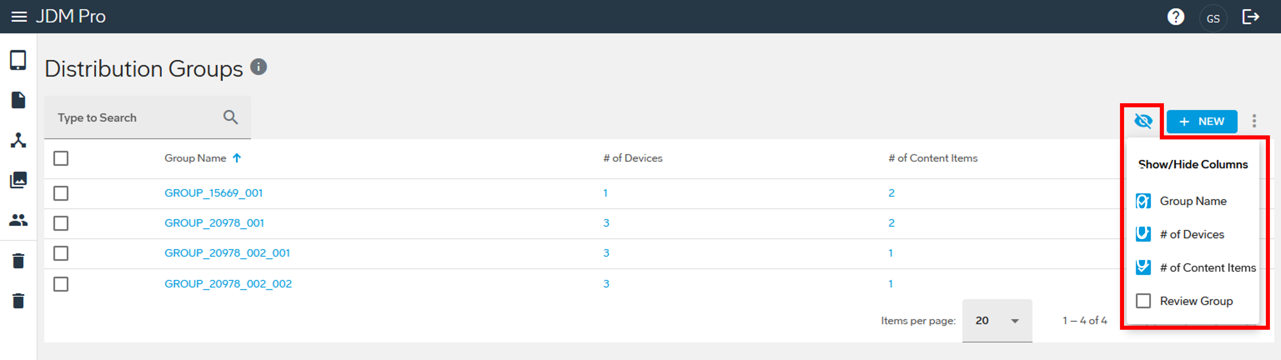 Show or hide columns