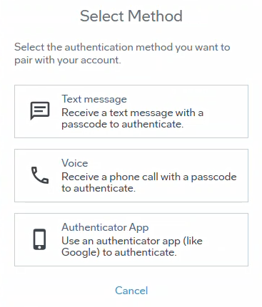 The select method screen. You can select Text message, Voice, or Authenticator App, or select Cancel.