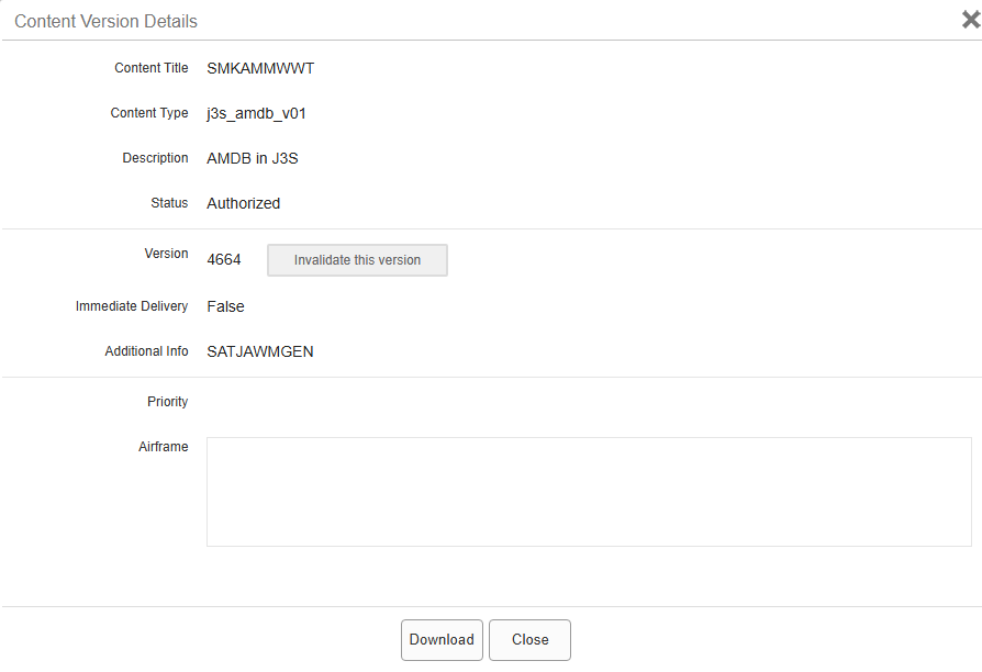 Content Version Details dialog