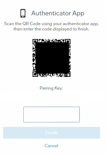 The authenticator app QR code dialog with an example QR code and an empty field for the one time passcode.