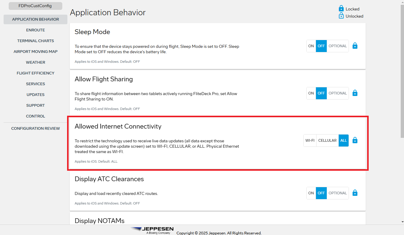 The Application Behavior page showing the new Allowed Internet Connectivity setting.