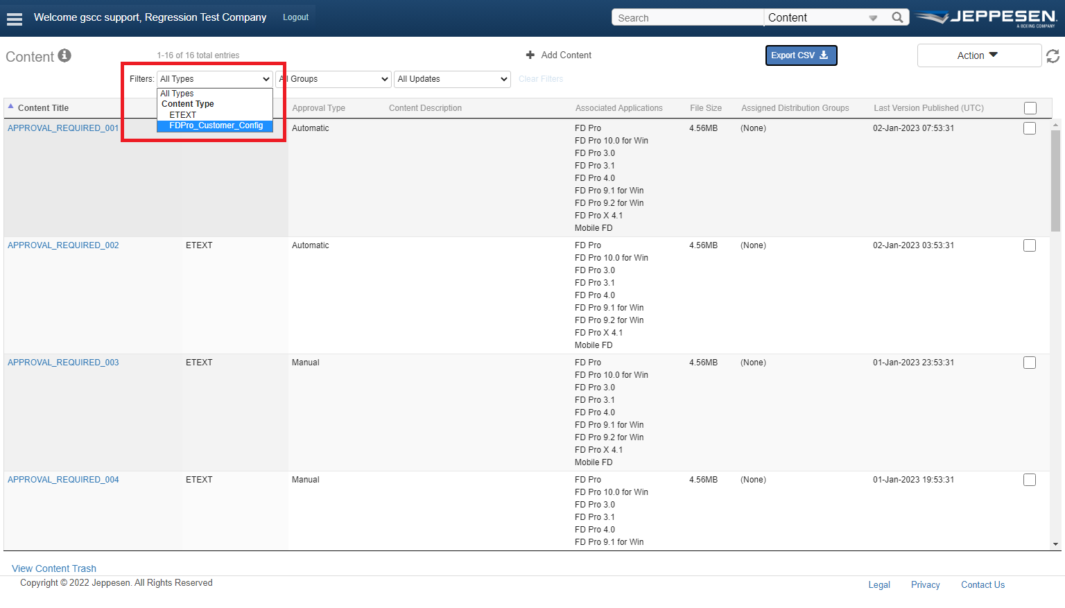 Filter the data on the Content page