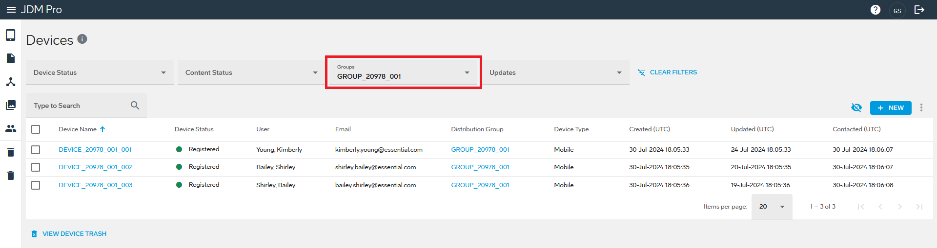 Devices page filtered by a distribution group