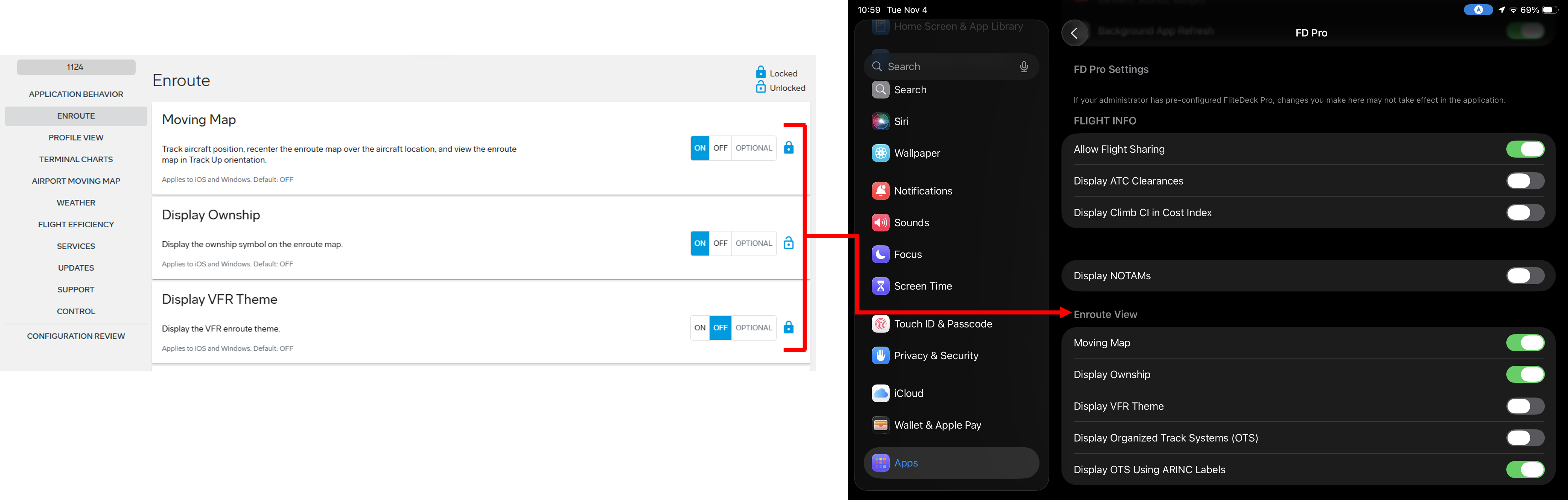 Settings configured in JDM Pro are applied in the FliteDeck Pro app