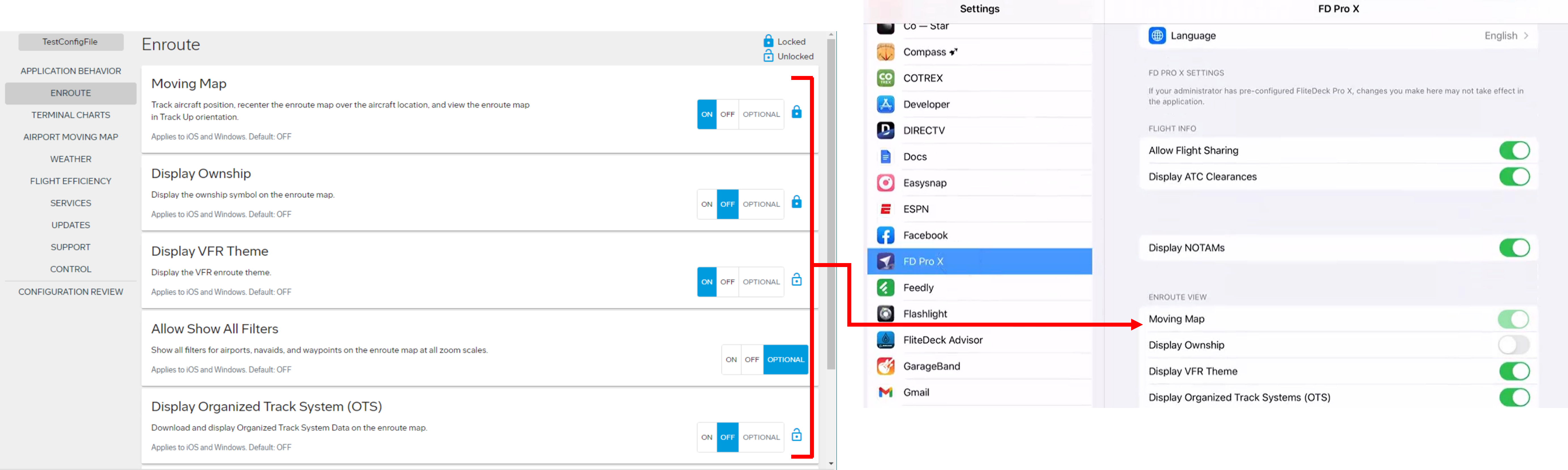 Settings configured in JDM Pro are applied in the FliteDeck Pro app