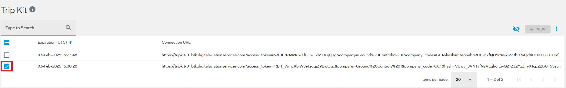 Trip Kit URL selected