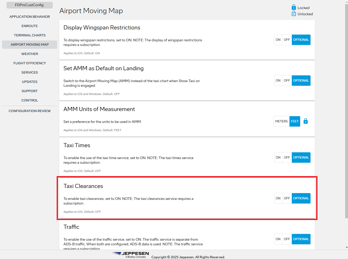 The new Taxi Clearance setting on the Airport Moving Map page.