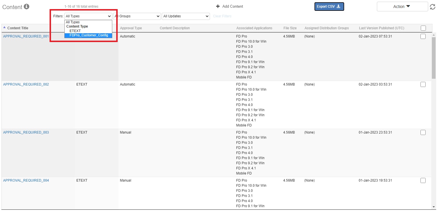 Filter the data on the Content page