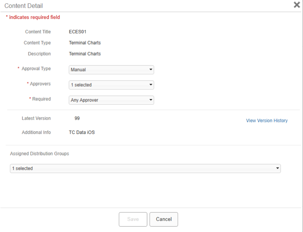 Content Detail dialog with approval requirements set