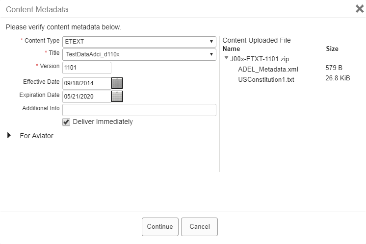 The Content Metadata dialog