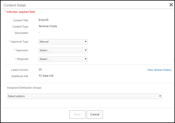 Content Details dialog with Approvers and Required menus showing
