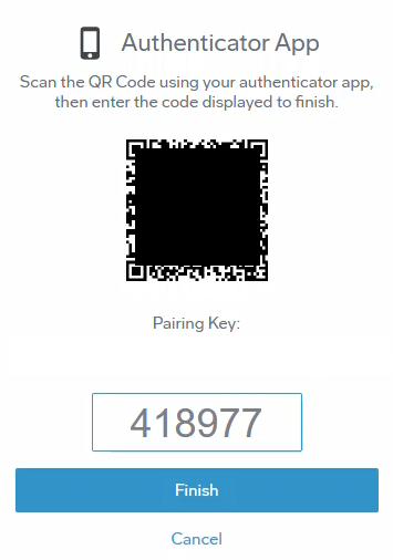 The authenticator app dialog with an example one time passcode entered. The Finish and Cancel buttons are active.