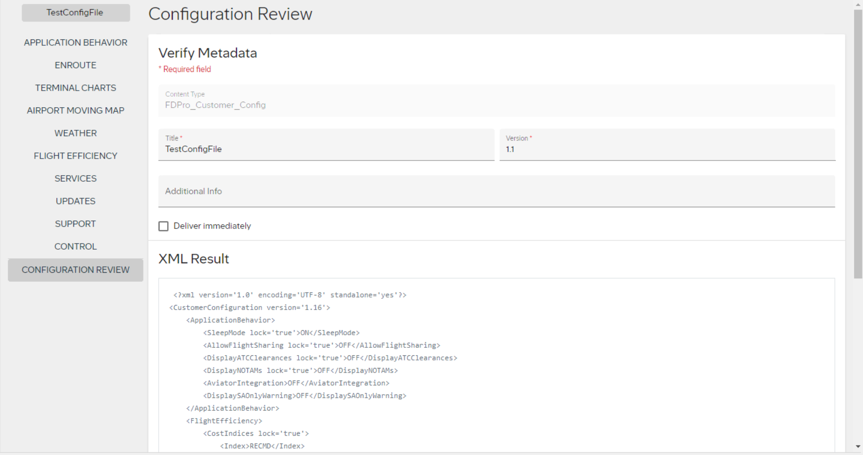 Configuration Review page with the XML result