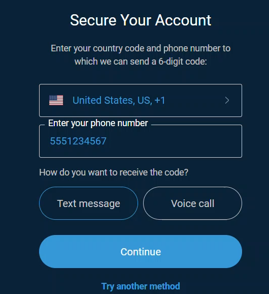 The Secure Your Account dialog, with a country code selector, phone number field, Text message and Voice call buttons, a Continue button, and a Try another method link.