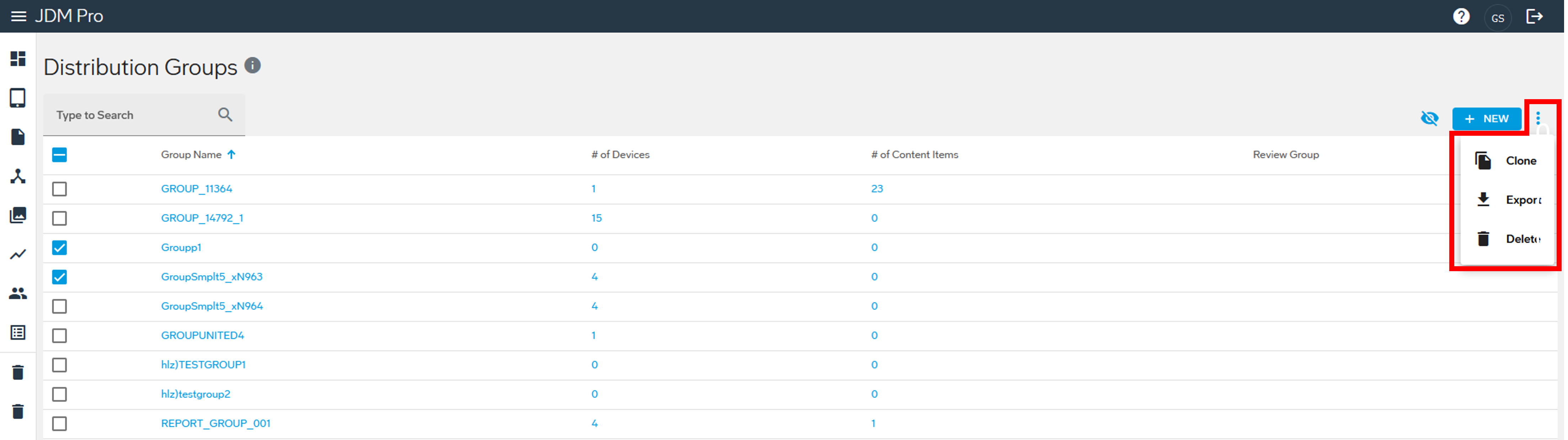Distribution Groups page with menu