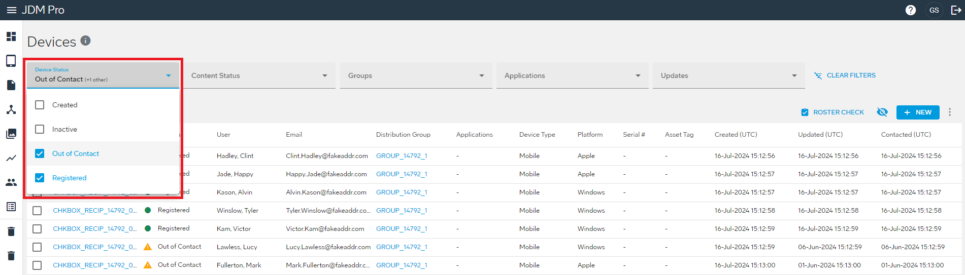 Devices page filtered by device status