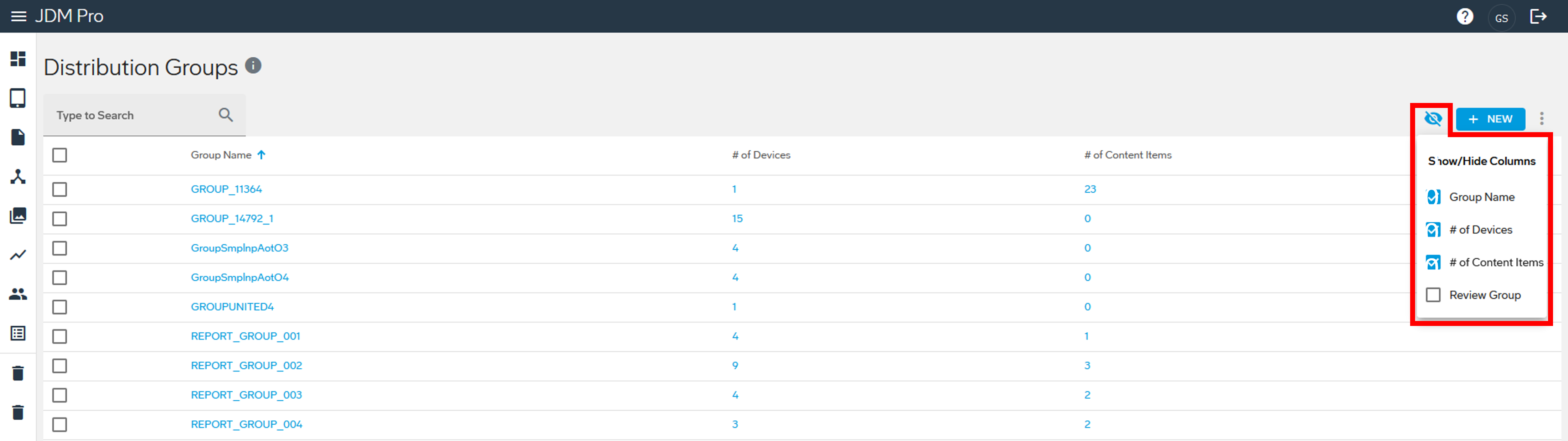 Show or hide columns