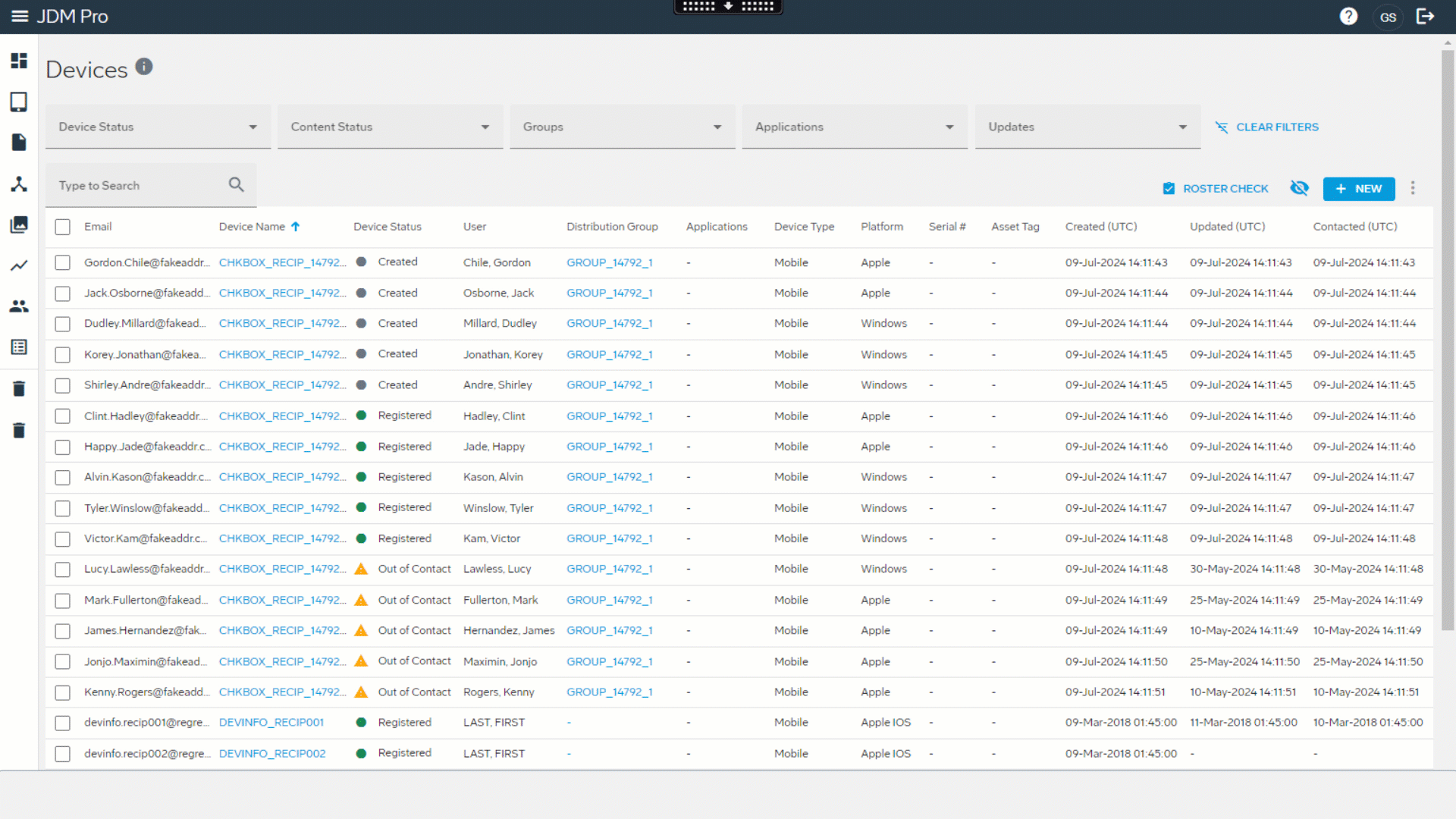 Filters applied on Devices page