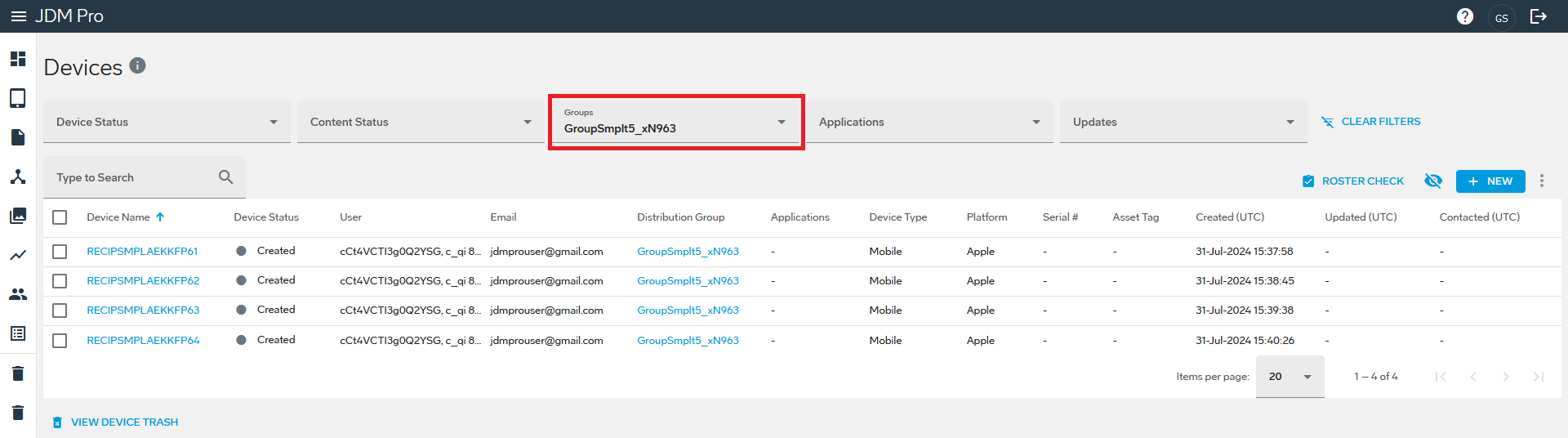 Devices page filtered by a distribution group