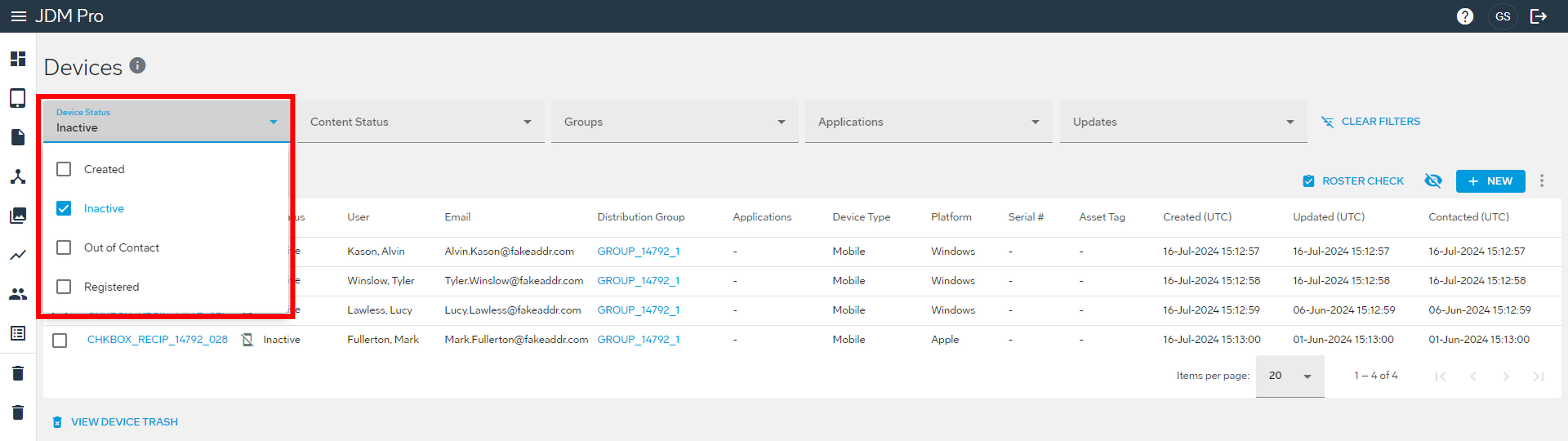 Devices page filtered by device status