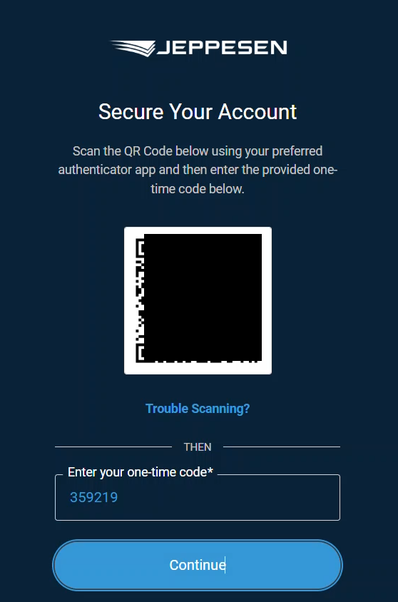 The Secure Your Account dialog with an example one-time code entered in the code field and the Continue button active.