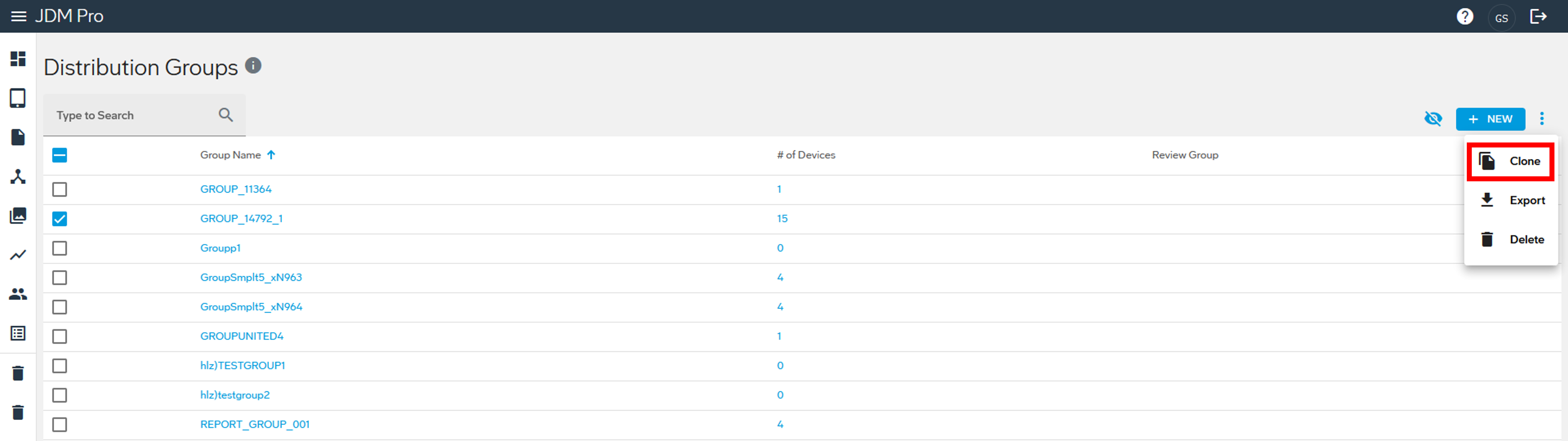 Distribution Group page with menu
