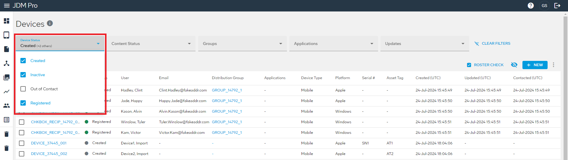 Filters selected on the Devices page