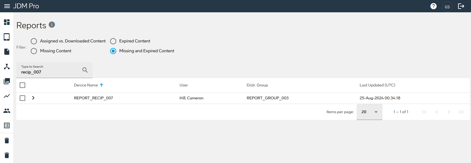 Reports page with searched criteria