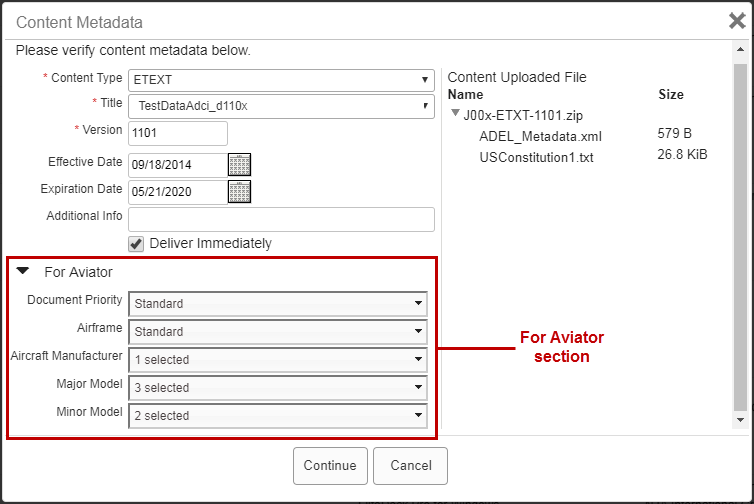 Content Metadata dialog with For Aviator section expanded