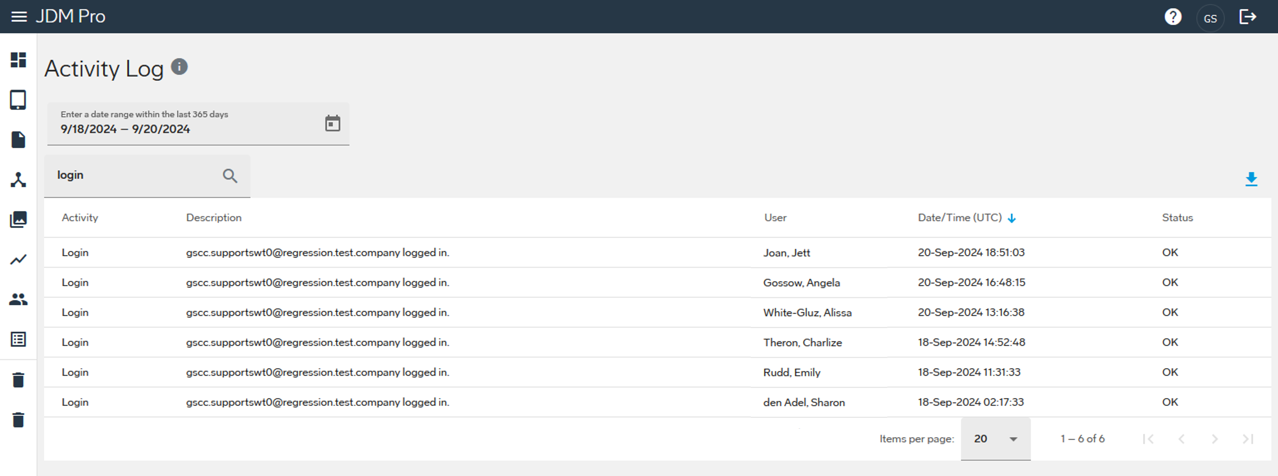 Filters applied on Activity Log page